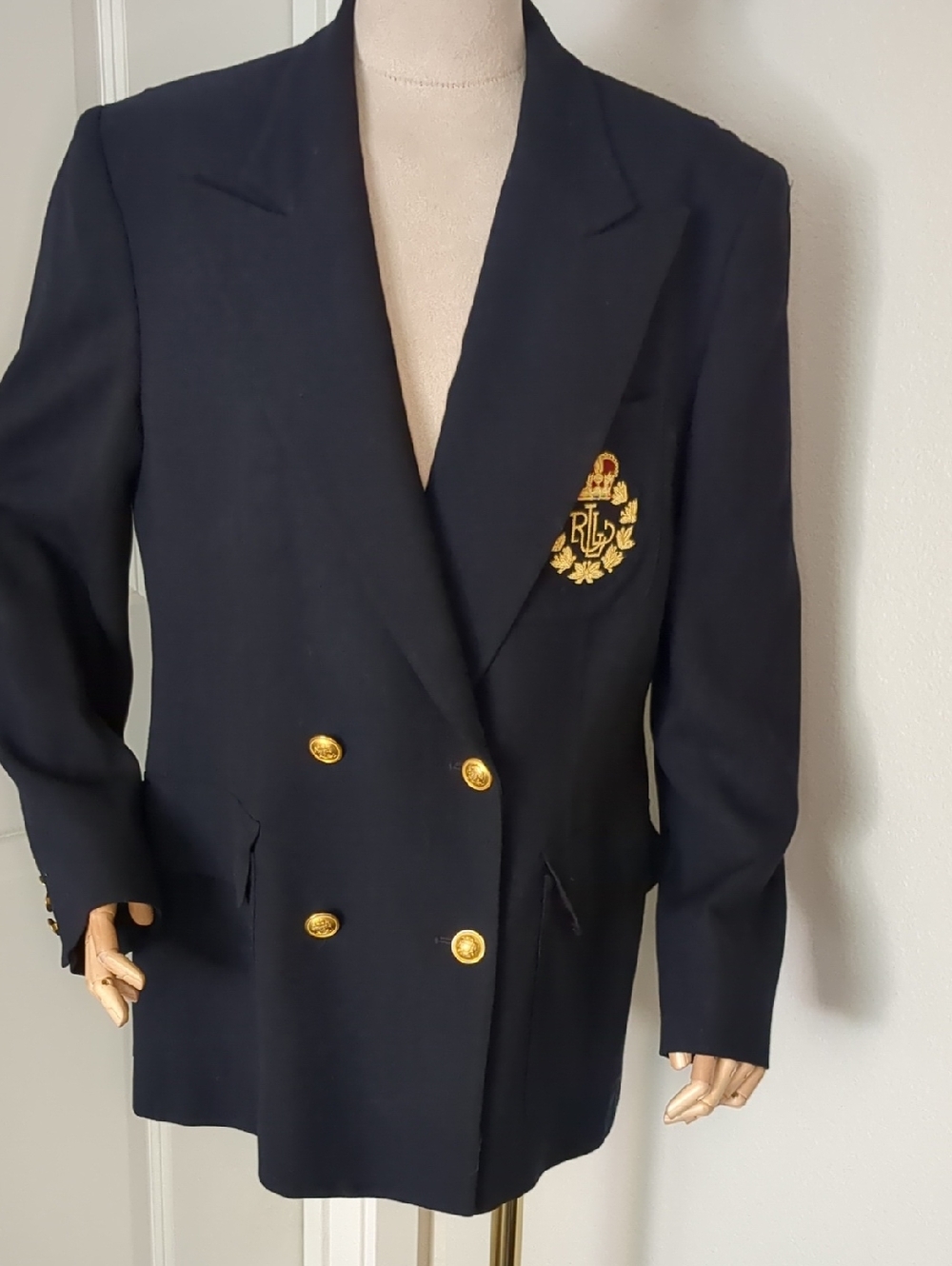 Vintage Ralph Lauren Crest Blazer Navy Blue Wool Made In USA SZ 10
